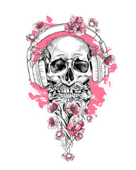 Skull with beard and mustache with a pink cherry flowers in a headphones. Vector illustration.