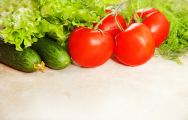 Set of fresh vegetables tomatoes cucumbers dill salad on a white background.