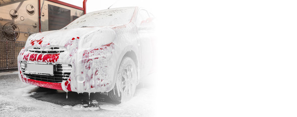 Red auto with foam at car wash, space for text. Banner design