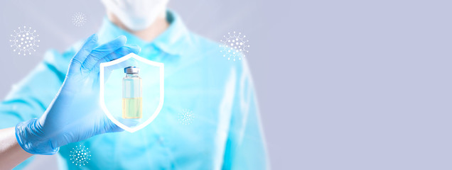 Viruses and shield. Concept defending against virus attack. Vaccine protects against diseases.