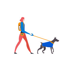 Сartoon style icons of dobermann and personal dog-walker with text. Cute girl with pet outdoors.