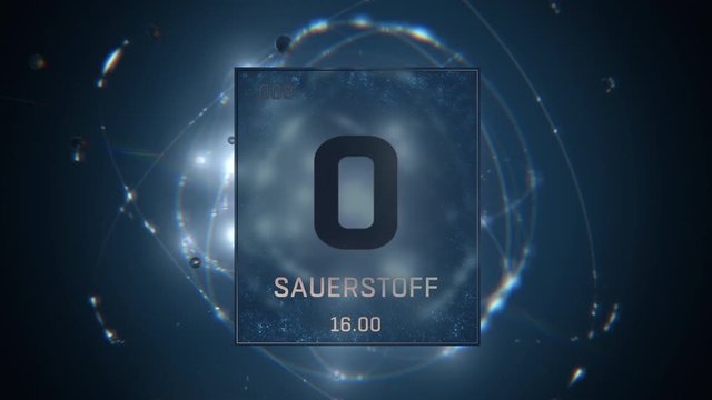 Oxygen as Element 8 of the Periodic Table. Seamlessly looping 3D animation on blue illuminated atom design background orbiting electrons name, atomic weight element number in German language