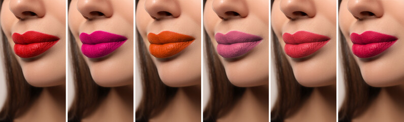 Woman with different color lipsticks, collage. Banner design