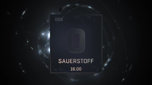 Oxygen as Element 8 of the Periodic Table. Seamlessly looping 3D animation on silver illuminated atom design background orbiting electrons name, atomic weight element number in German language