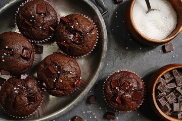 Homemade DoubleChocolatec chip Muffins, selective focus