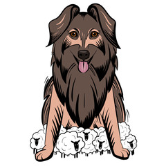 sheep-dog; pet; outdoor; isolated; cute; agriculture; domestic; predator; guard; protect; herd; guardian; sheepdog; pasture; flock; mammal; vector; shepherd; farm; sheep; animal; illustration; dog