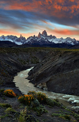 Fitz Roy and Torre mountains during sunrise.