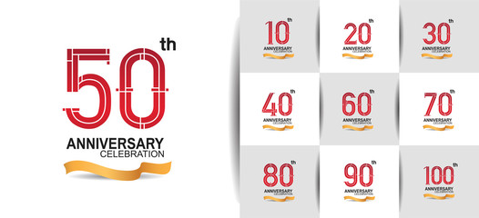 Anniversary logotype set with red color and golden ribbon. vector design for celebration purpose, greeting, invitation card premium edition.	