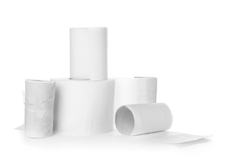 Rolls of toilet paper on white background