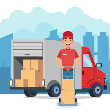 Male delivery courier with truck vector illustration