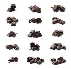 Set with pieces of dark chocolate on white background