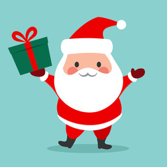 Cute simple Santa Claus vector cartoon icon illustration. Happy smiling chubby kawaii Santa standing holding a gift box with bow and waving. Christmas winter holiday design element for greeting cards