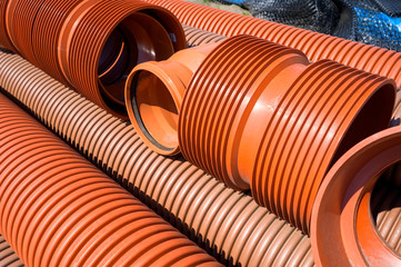 large corrugated brown polyethylene pipe for water supply, urban sewer pipe with high chemical...