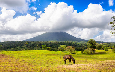 Amazing view of beautiful nature of Costa Rica with smoking volcano Arenal background and beatiful...