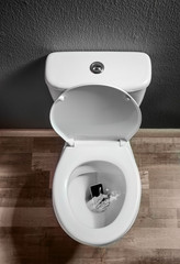 Smartphone dropped into toilet bowl indoors, top view