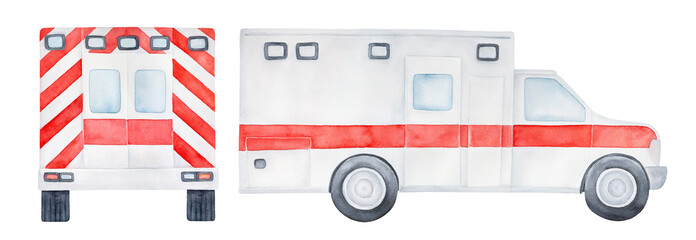 Watercolour illustration pack of different views of emergency ambulance car with blank bright red stripes and decoration. Handdrawn sketchy artistic painting, cutout clipart elements for design. © Julija