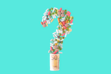 Multicolor tablets and capsules in the form of a question mark emerging from twisted euro banknotes...