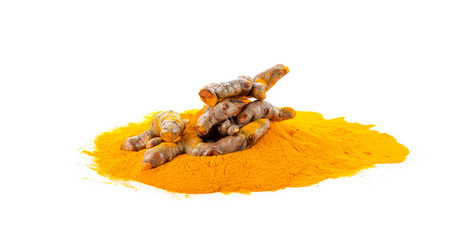 Turmeric (Curcuma) powder pile isolated on white background,