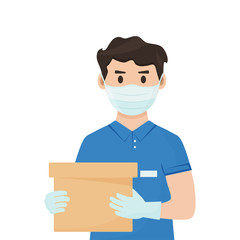 Safe goods delivery. Coronavirus protection and prevention. Courier in face medical mask and gloves with box in hands. Vector illustration