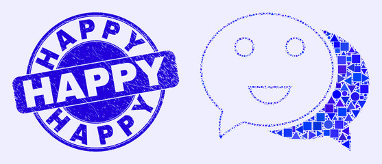 Geometric happy chat mosaic pictogram and Happy stamp. Blue vector round distress stamp with Happy caption. Abstract mosaic of happy chat created of round, triangles, square geometric spots.
