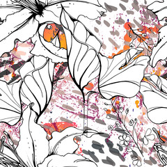 Floral Black White Pattern. Modern Watercolor