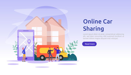 Naklejka premium Online car sharing or rental concept. mobile city transportation with navigation smartphone, online map, GPS and people character for web landing page template, banner, presentation, ad or print media