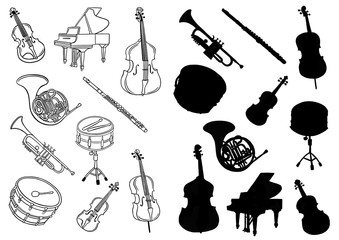 set of symphonic musical instruments find the shadow and paint - obrazy, fototapety, plakaty