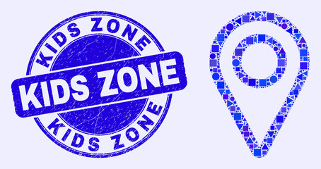 Geometric map pointer mosaic pictogram and Kids Zone watermark. Blue vector round distress stamp with Kids Zone title. Abstract mosaic of map pointer constructed of round, triangles,