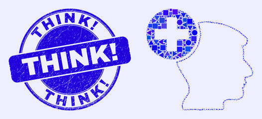 Geometric head medicine mosaic pictogram and Think! seal stamp. Blue vector round grunge stamp with Think! message. Abstract mosaic of head medicine designed of spheric, tringle,