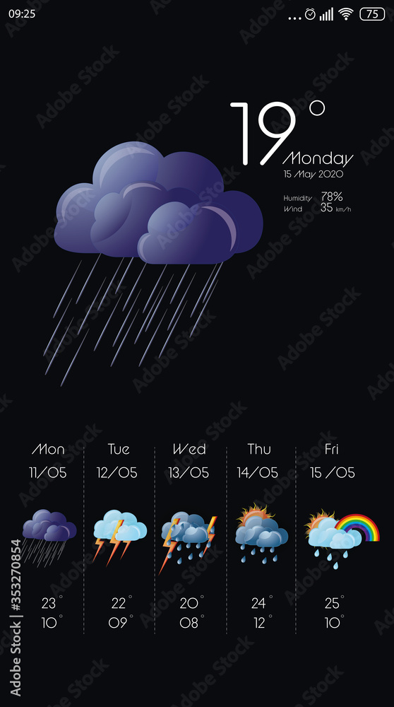Wall mural weather forecast widget on screen. mobile application