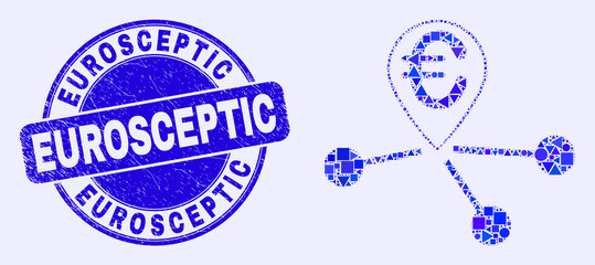 Geometric euro location links mosaic icon and Eurosceptic seal. Blue vector round textured seal with Eurosceptic phrase. Abstract mosaic of euro location links designed of spheric, triangles,