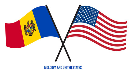 Moldova and United States Flags Crossed And Waving Flat Style. Official Proportion. Correct Colors