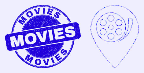 Geometric movie map marker mosaic icon and Movies stamp. Blue vector rounded scratched stamp with Movies caption. Abstract mosaic of movie map marker made of round, triangles, square geometric items.