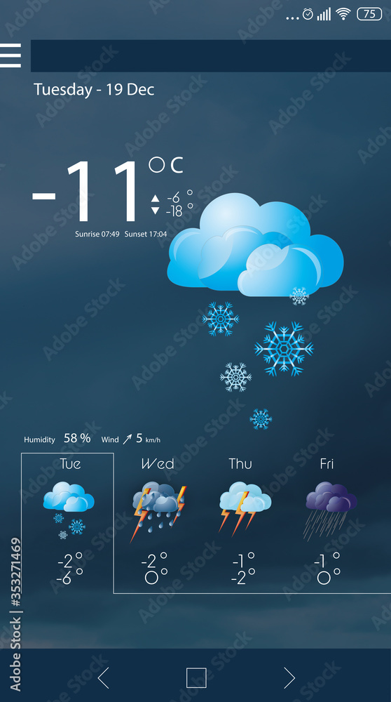 Wall mural weather forecast widget on screen. mobile application