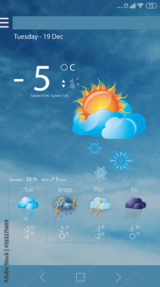 Wall mural weather forecast widget on screen. mobile application