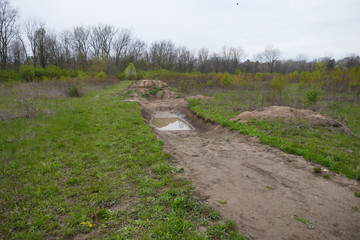 Dirt road through grassy field with water filled indentation