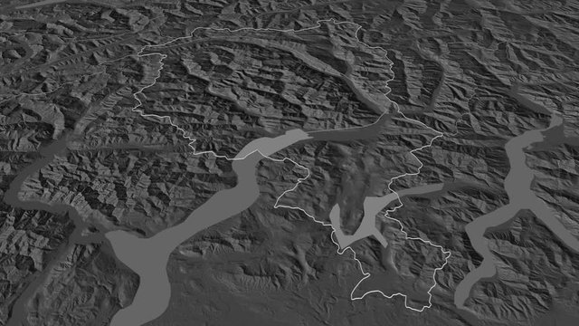 Ticino, canton with its capital, zoomed and extruded on the bilevel map of Switzerland in the conformal Stereographic projection. Animation 3D