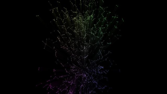 4k Rotating digital column with graph made of dot particles nodes.Quantum finance;Finance graph with details.abstract neon geometrical lines with moving triangles and connection dots.