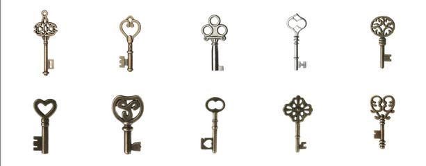 Set of different ornate keys on white background. Banner design