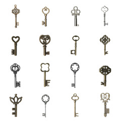 Set of different ornate keys on white background