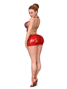 3d render of beautiful and cute girl with curvy body, red latex miniskirt and high heel	