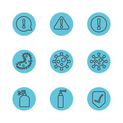 antibacterial spray can and coronavirus protective measures icon set, block line style