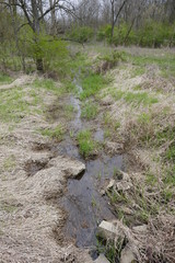 Water runoff stream flowing through grassy field