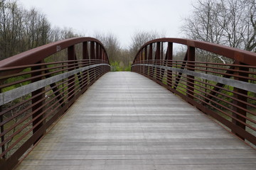 Wooden foot bridge with rusty metal side rails in public park