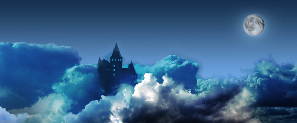 Fairy tale world. Mysterious castle surrounded by clouds under sky with full moon, banner design