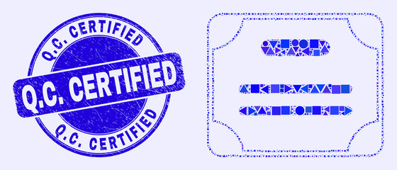 Geometric certificate diploma mosaic pictogram and Q.C. Certified seal. Blue vector round grunge seal with Q.C. Certified caption. Abstract mosaic of certificate diploma created of circle, triangles,