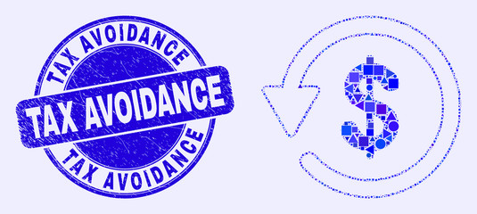 Geometric dollar refund mosaic icon and Tax Avoidance seal stamp. Blue vector rounded textured seal stamp with Tax Avoidance caption. Abstract concept of dollar refund composed of round, tringle,