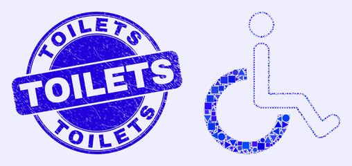 Geometric wheelchair mosaic icon and Toilets seal stamp. Blue vector rounded grunge seal with Toilets text. Abstract mosaic of wheelchair organized of sphere, triangles, square geometric items.