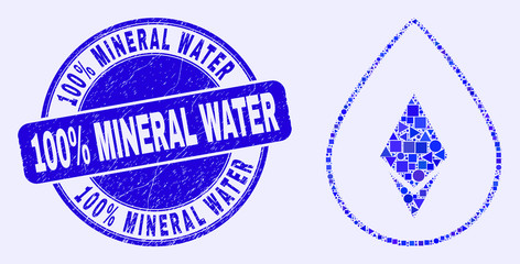 Geometric crystal drop mosaic icon and 100% Mineral Water seal stamp. Blue vector round distress seal stamp with 100% Mineral Water caption. Abstract mosaic of crystal drop designed of circle,