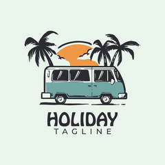 Simple minimalist minibus van holiday logo design template vector
